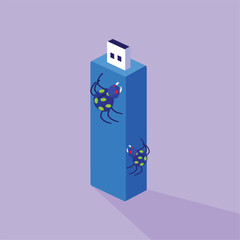 Isometric Illustration of Infected USB Flash Drive with Virus Bugs Indicating Malware Threat