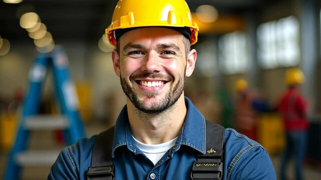 Portrait of a male worker in a yellow safety helmet standing on a construction site or at a workplace in industry, in a manufacturing workshop, carpentry shop. Male carpenter, fitter