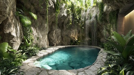 Naklejka premium Serene Natural Oasis with Tranquil Waterfall and Lush Tropical Foliage in a Garden Setting