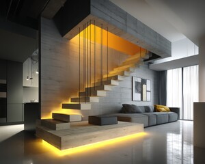 A minimalist staircase with LED strip lighting in cool white, running along light wood steps