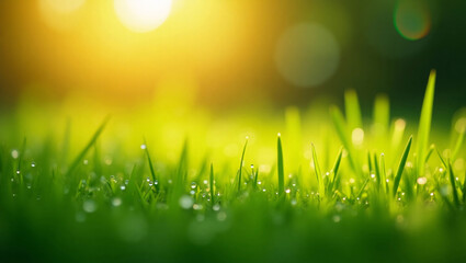 Obraz premium Lush Green Meadow Grass with Morning Dew Drops – Fresh and Vibrant Nature