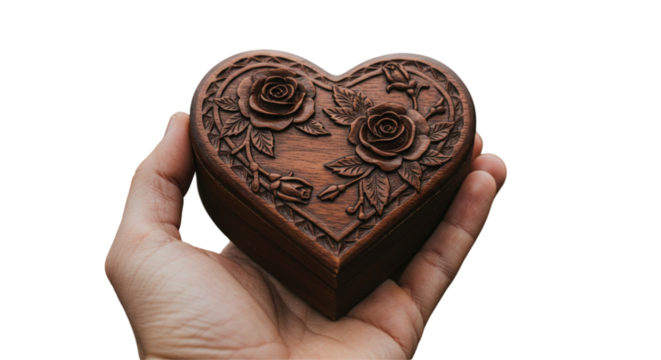 Hand holding a wooden box in the shape of a heart