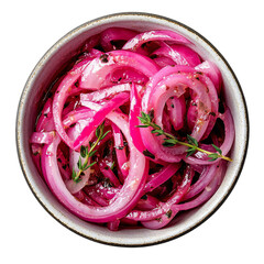 Top view of a bowl of pickled red onion, tangy condiment concept, Isolated Transparent Background