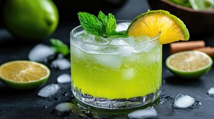 Fototapeta premium Refreshing green cocktail garnished with mint and pineapple