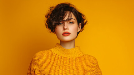 Woman with short brown hair, wearing a yellow knit sweater against a yellow background, showcasing autumnal fashion and vibrant color palettes