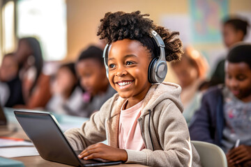Smiling happy black girl wears headphones, using a laptop in a school classroom filled other children students in the background. Concept of joyful learning and technology in modern education settings