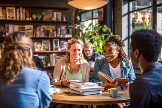 Group of young adult diversity friends gathered in lively discussion around table with books in cozy bookstore cafe. Concept of third space community, creativity and connections in shared environments - Powered by Adobe