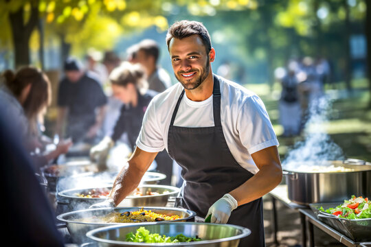 Volunteer, smiling man preparing a large meal outdoors, surrounded by people in cooking activities. Concept of community service and charity initiatives aimed at aiding the homeless and needy