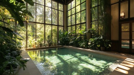 Fototapeta premium Tranquil Indoor Pool Surrounded by Lush Greenery and Natural Light in a Serene Spa Environment