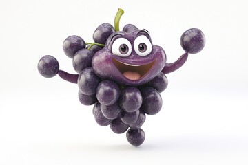 A cheerful cartoon grape bunch with a happy expression, playfully posing against a white background.