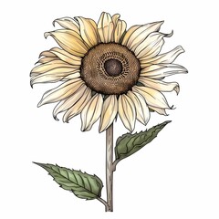 Fototapeta premium Elegant sunflower illustration with soft yellow petals, textured center, green leaves, nature theme, botanical focus