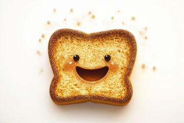 A happy, sugared toast slice smiles cheerfully against a white background.