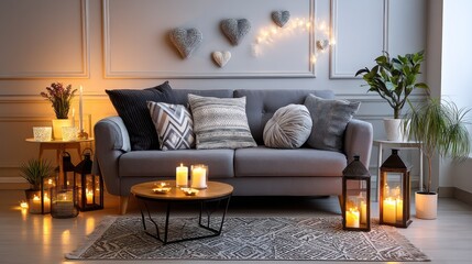 A modern living room decorated for Diwali, featuring string lights, lanterns, and heart-shaped wall decorations