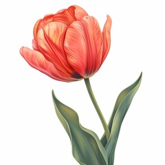 Red tulip illustration elegant petals, vibrant color on white background, botanical theme, nature highlight.