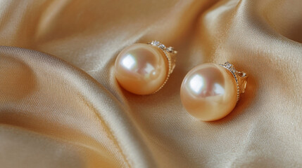 Golden-accented pearl earrings lie on shimmering beige silk, perfect as a luxurious gift for weddings or Valentineâ€™s Day