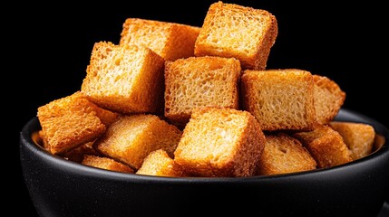 Golden brown croutons preparation kitchen food photography dark background close-up culinary delight