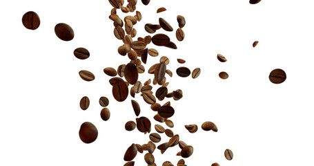 Image showcases numerous roasted coffee beans floating mid-air against white background, captured in dynamic motion with soft lighting. Some beans show natural cracks, adding texture