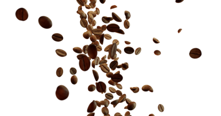 Image showcases numerous roasted coffee beans floating mid-air against white background, captured in dynamic motion with soft lighting. Some beans show natural cracks, adding texture