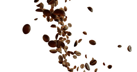 Image displays cluster of roasted coffee beans floating mid-air against white background, captured in dynamic motion with soft lighting. Beans vary in size, some cracked, showing texture.