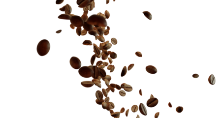 Image displays cluster of roasted coffee beans floating mid-air against white background, captured in dynamic motion with soft lighting. Beans vary in size, some cracked, showing texture.