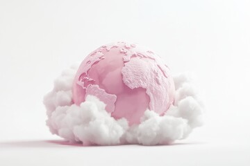 A pastel pink globe rests gently on a fluffy white cloud, symbolizing a peaceful and dreamy world.
