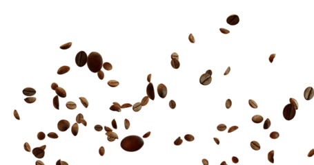 Falling coffee beans captured in mid-air against a white background. The image showcases various coffee beans in different positions and orientations, highlighting their texture and color.