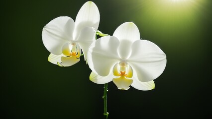 Luminescent Orchid Duo: Delicate White Blossoms Bask in a Warm, Radiant Glow, Against a Deep Background.