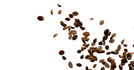 A dynamic view of many brown coffee beans falling or floating diagonally from the upper right towards the lower right against a stark white background. Some individual beans are scattered on the left.