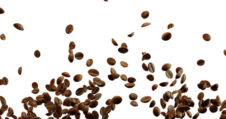 Numerous brown roasted coffee beans are shown falling or floating against a bright white background. The beans are concentrated towards the bottom of the frame, becoming more sparse towards the top.