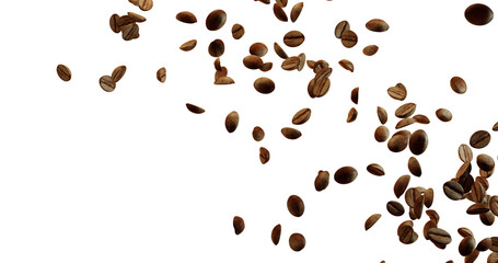 Many brown coffee beans are falling or floating against a bright white background, concentrated on the right side and scattering towards the upper left corner.