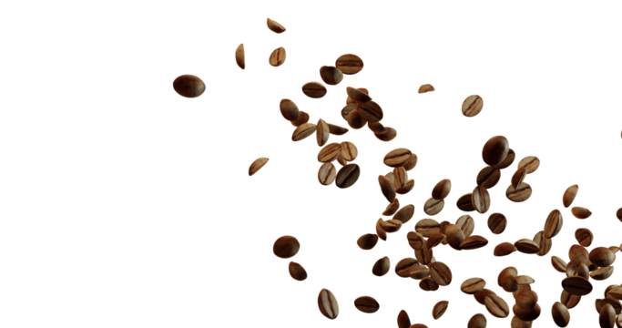 A dynamic view of many brown coffee beans falling or floating diagonally from the upper right towards the lower right against a stark white background. Some individual beans are scattered on the left.