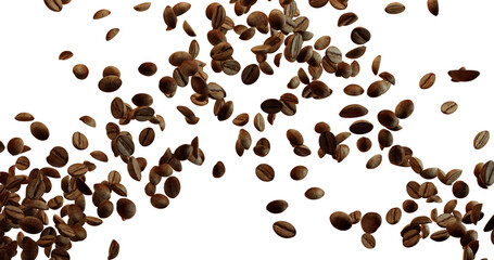 Numerous brown coffee beans are falling or floating against a bright white background, with a denser concentration in the center and lower left, scattering towards the upper right.
