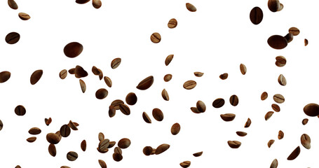 Numerous brown coffee beans are falling or floating against a bright white background, concentrated in the lower left and scattering towards the upper right.