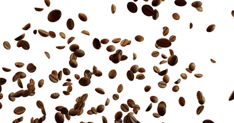Numerous brown coffee beans are falling or floating against a bright white background, densely packed in the lower left and becoming more spread out towards the upper right.