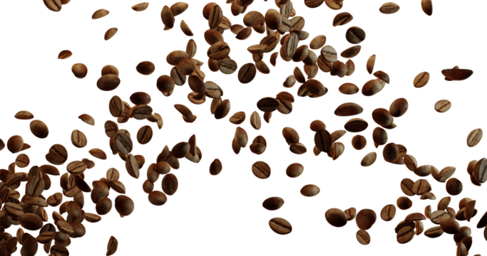Numerous brown coffee beans are falling or floating against a bright white background, with a denser concentration in the center and lower left, scattering towards the upper right.