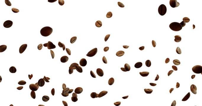 Numerous brown coffee beans are falling or floating against a bright white background, concentrated in the lower left and scattering towards the upper right.