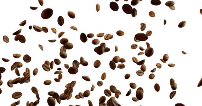 Numerous brown coffee beans are falling or floating against a bright white background, densely packed in the lower left and becoming more spread out towards the upper right.