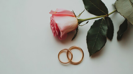 Two intertwined gold rings rest beside a pink rose on a white background, symbolizing romance, unity, and lifelong commitment