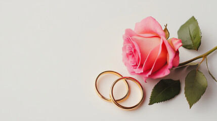 Two intertwined gold rings rest beside a pink rose on a white background, symbolizing romance, unity, and lifelong commitment
