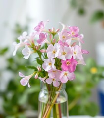 Fototapeta premium Delicate white and pink Bacopa monnieri blossoms in a clear glass vase, aromatic herbal blooms, decoration, bloom, fresh