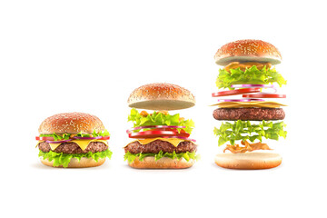 Beef hamburger with cheese and vegetables mockup ingredients, isolated