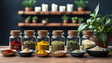 Stylish Kitchen Display – Various Spices and Herbs in Elegant Glass Jars