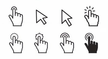 Hand and Arrow Cursor Icons Touching or Pointing on White Background