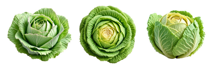 Fototapeta premium Fresh Organic Green Cabbage Heads Collection, Natural Raw Vegetable from Garden Farm Market, Top View Photography Isolated on Transparent and White Background