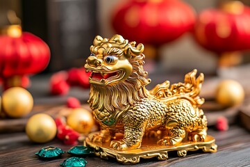 Fototapeta premium A gold ornamental statue of a mythical creature on a table