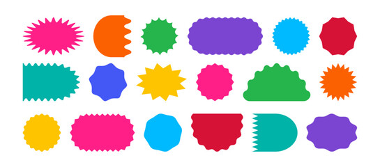 Shape star sticker, starburst label, sale discount icon, price tag, wavy frame, colorful retro bubble, stamp corrugated border, zig zag edge badge isolated on white background. Vector illustration