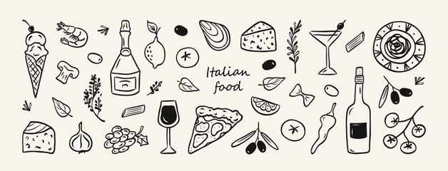 Hand drawn italian food set. Mediterranean lunch and dinner icons in doodle style. Pasta, olive, pizza, cheese, tomato, lemon, wine. Dolce vita aesthetics. Perfect for print, design menu, sticker. © Anna Bova
