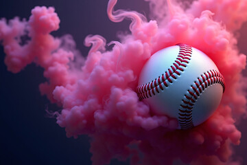 White baseball ball in multi colored red smoke from a vape on a black isolated background