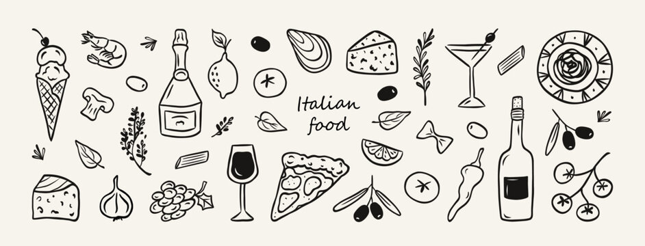 Naklejki Hand drawn italian food set. Mediterranean lunch and dinner icons in doodle style. Pasta, olive, pizza, cheese, tomato, lemon, wine. Dolce vita aesthetics. Perfect for print, design menu, sticker.