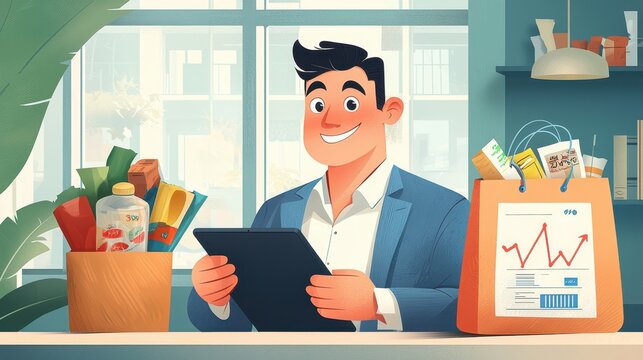 Businessman Analyzing Financial Growth on Tablet in Cafe with Grocery Shopping and Rising Inflation